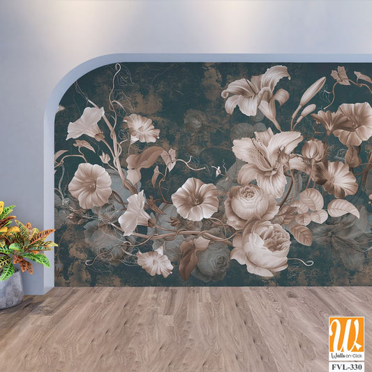 Flowers illustration on dark concrete grunge wall. Loft, modern, classic, baroque, rococo design for interior projects, wallpaper, photo wallpaper, mural, poster, home decor, card. [WP-FVL-330]