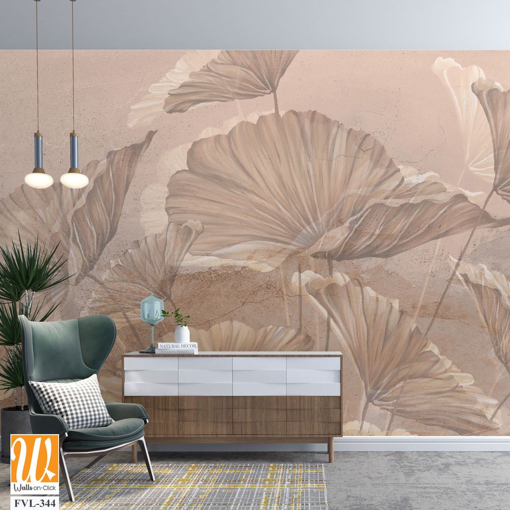 Large art painted leaves on a textured wall, in pastel colors, photo wallpaper for the interior [WP-FVL-344]