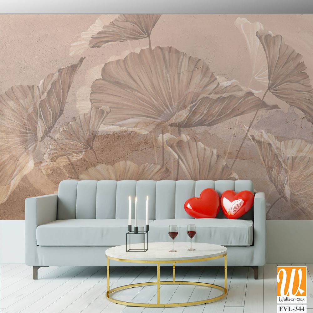 Large art painted leaves on a textured wall, in pastel colors, photo wallpaper for the interior [WP-FVL-344]