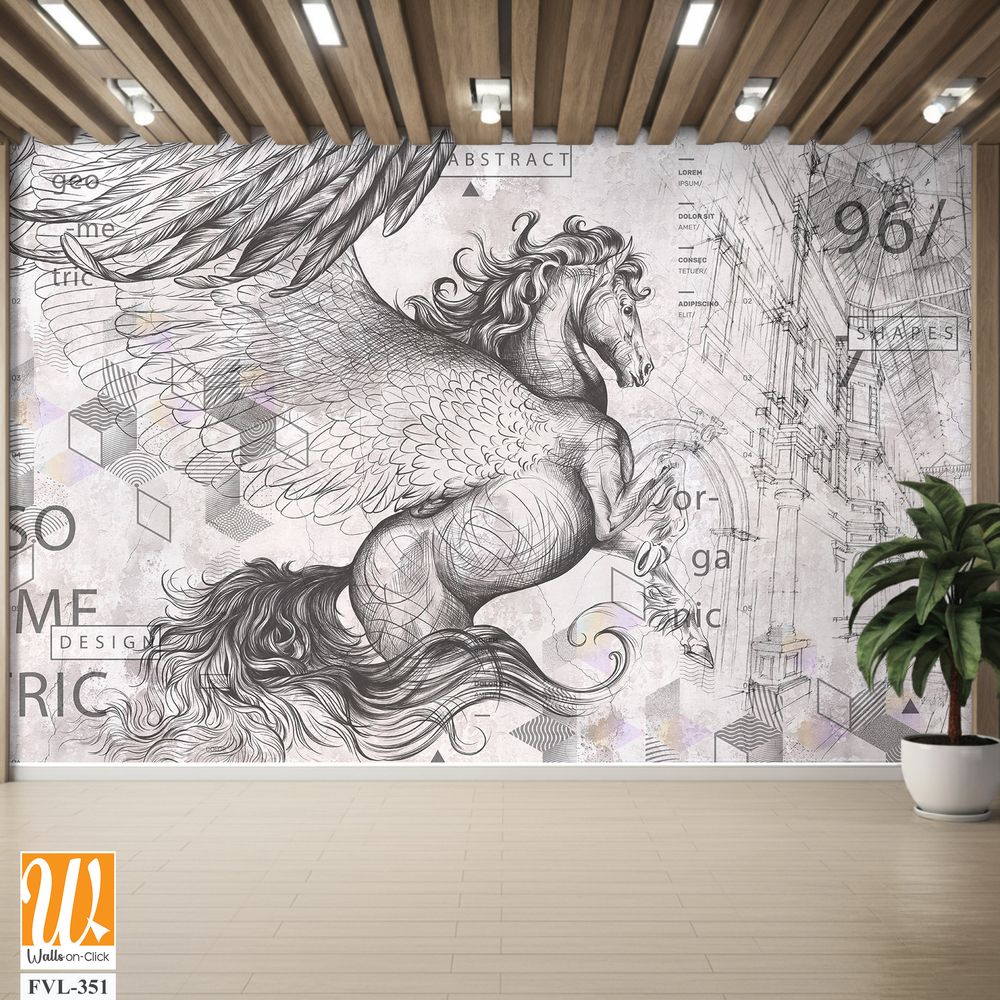 Beautiful graphic drawn pegasus with wings and geometry on a grey concrete grunge wall. Design for wallpaper, photo wallpaper, mural, card, postcard. Illustration in the loft, classic, modern style. [WP-FVL-351]