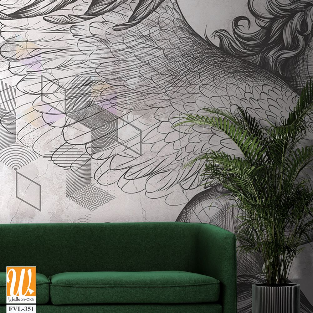 Beautiful graphic drawn pegasus with wings and geometry on a grey concrete grunge wall. Design for wallpaper, photo wallpaper, mural, card, postcard. Illustration in the loft, classic, modern style. [WP-FVL-351]