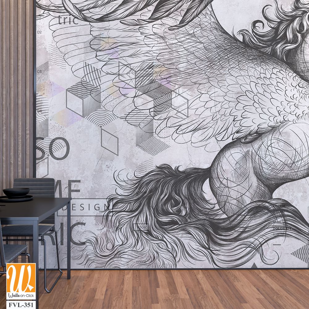 Beautiful graphic drawn pegasus with wings and geometry on a grey concrete grunge wall. Design for wallpaper, photo wallpaper, mural, card, postcard. Illustration in the loft, classic, modern style. [WP-FVL-351]