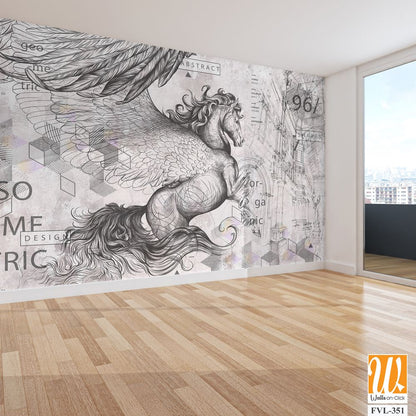 Beautiful graphic drawn pegasus with wings and geometry on a grey concrete grunge wall. Design for wallpaper, photo wallpaper, mural, card, postcard. Illustration in the loft, classic, modern style. [WP-FVL-351]