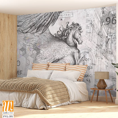 Beautiful graphic drawn pegasus with wings and geometry on a grey concrete grunge wall. Design for wallpaper, photo wallpaper, mural, card, postcard. Illustration in the loft, classic, modern style. [WP-FVL-351]