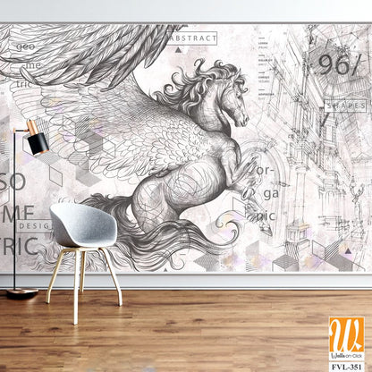 Beautiful graphic drawn pegasus with wings and geometry on a grey concrete grunge wall. Design for wallpaper, photo wallpaper, mural, card, postcard. Illustration in the loft, classic, modern style. [WP-FVL-351]