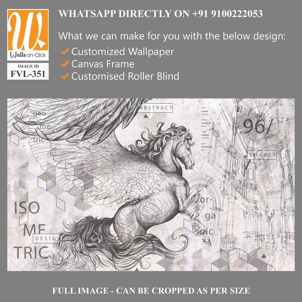 Beautiful graphic drawn pegasus with wings and geometry on a grey concrete grunge wall. Design for wallpaper, photo wallpaper, mural, card, postcard. Illustration in the loft, classic, modern style. [WP-FVL-351]