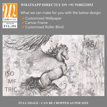 Beautiful graphic drawn pegasus with wings and geometry on a grey concrete grunge wall. Design for wallpaper, photo wallpaper, mural, card, postcard. Illustration in the loft, classic, modern style. [WP-FVL-351]