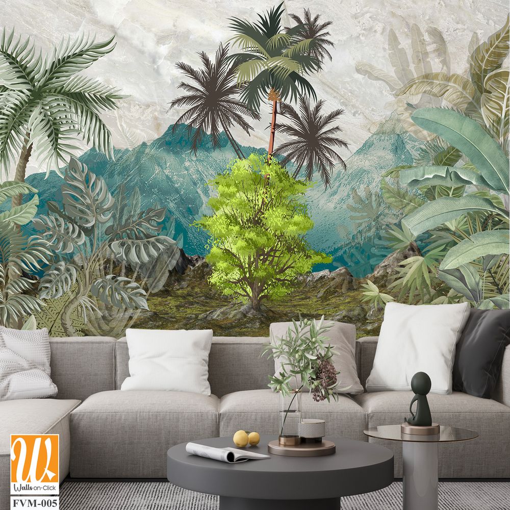 Landscape wallpaper, garden background, exotic trees, tropical plants, mural art. [WP-FVM-005]