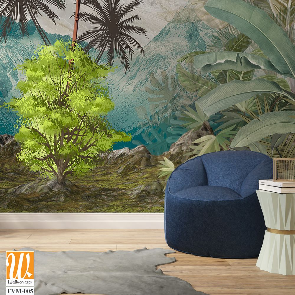 Landscape wallpaper, garden background, exotic trees, tropical plants, mural art. [WP-FVM-005]