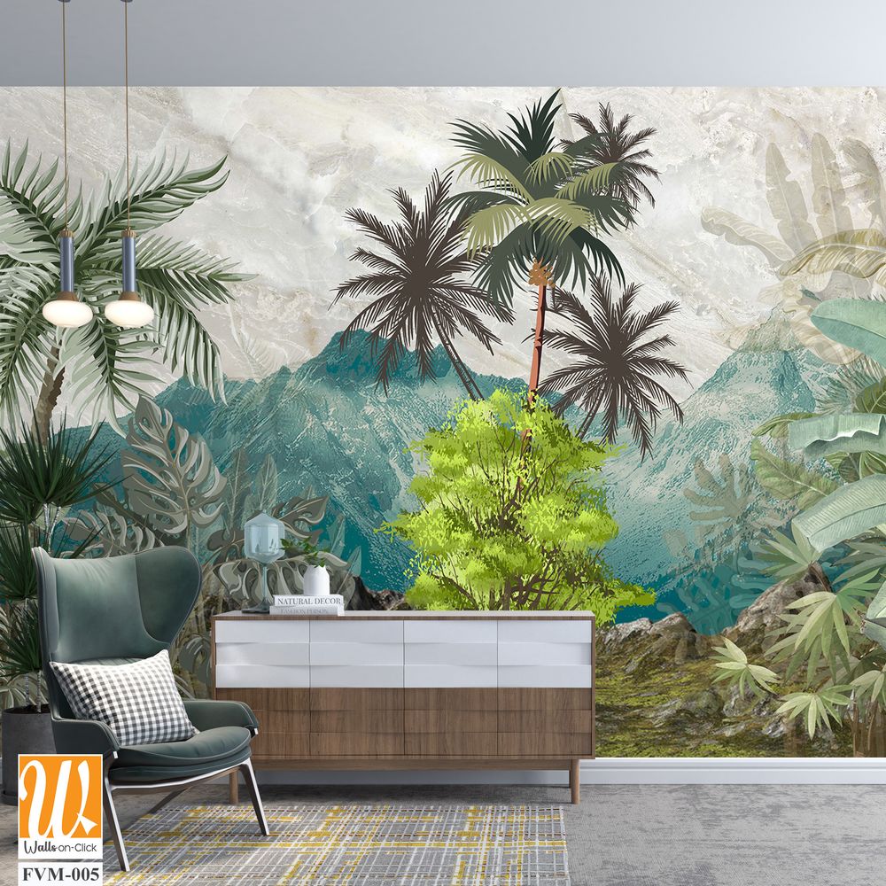 Landscape wallpaper, garden background, exotic trees, tropical plants, mural art. [WP-FVM-005]