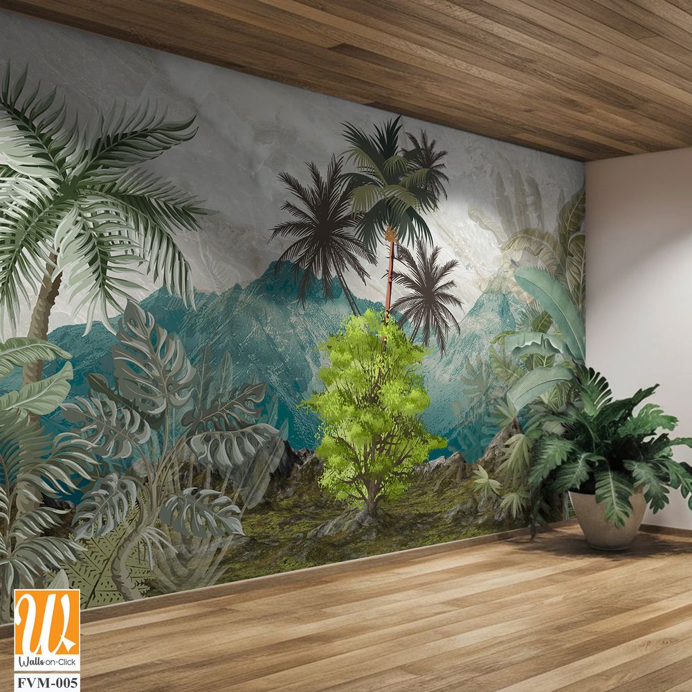 Landscape wallpaper, garden background, exotic trees, tropical plants, mural art. [WP-FVM-005]