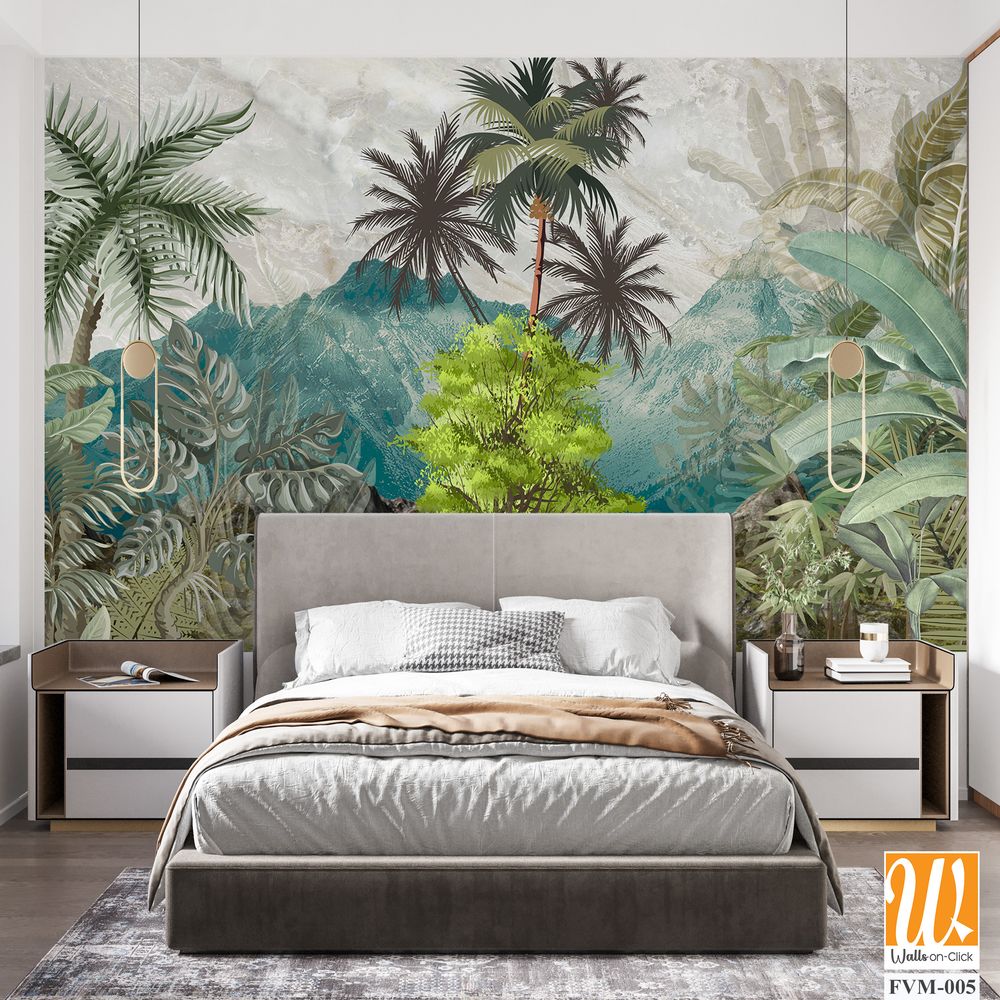 Landscape wallpaper, garden background, exotic trees, tropical plants, mural art. [WP-FVM-005]