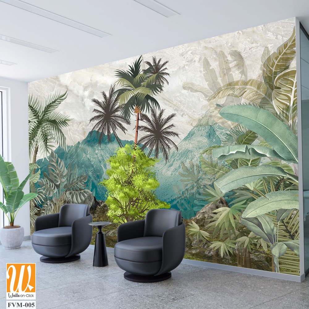 Landscape wallpaper, garden background, exotic trees, tropical plants, mural art. [WP-FVM-005]