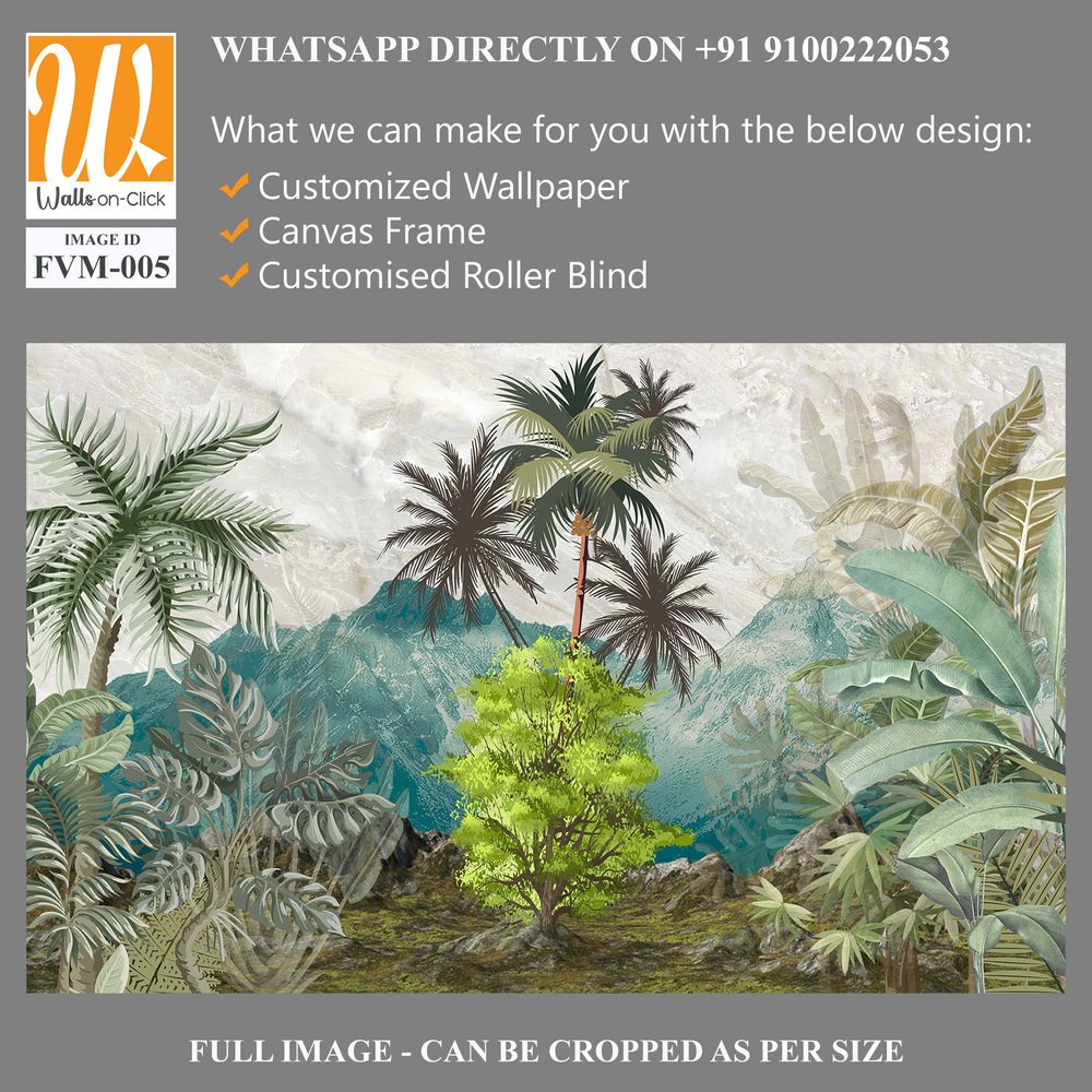 Landscape wallpaper, garden background, exotic trees, tropical plants, mural art. [WP-FVM-005]