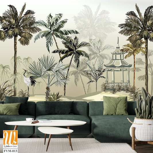 Tropical wallpapaer design with stork and pergola, natural background, mural art. [WP-FVM-013]