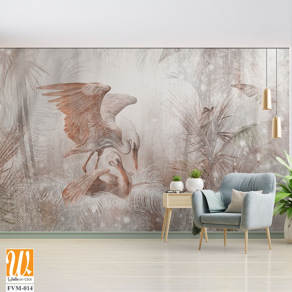 Art drawn delicate birds in a nest in the leaves in light gentle colors photo wallpaper in the interior [WP-FVM-014]