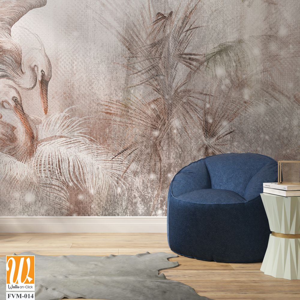 Art drawn delicate birds in a nest in the leaves in light gentle colors photo wallpaper in the interior [WP-FVM-014]