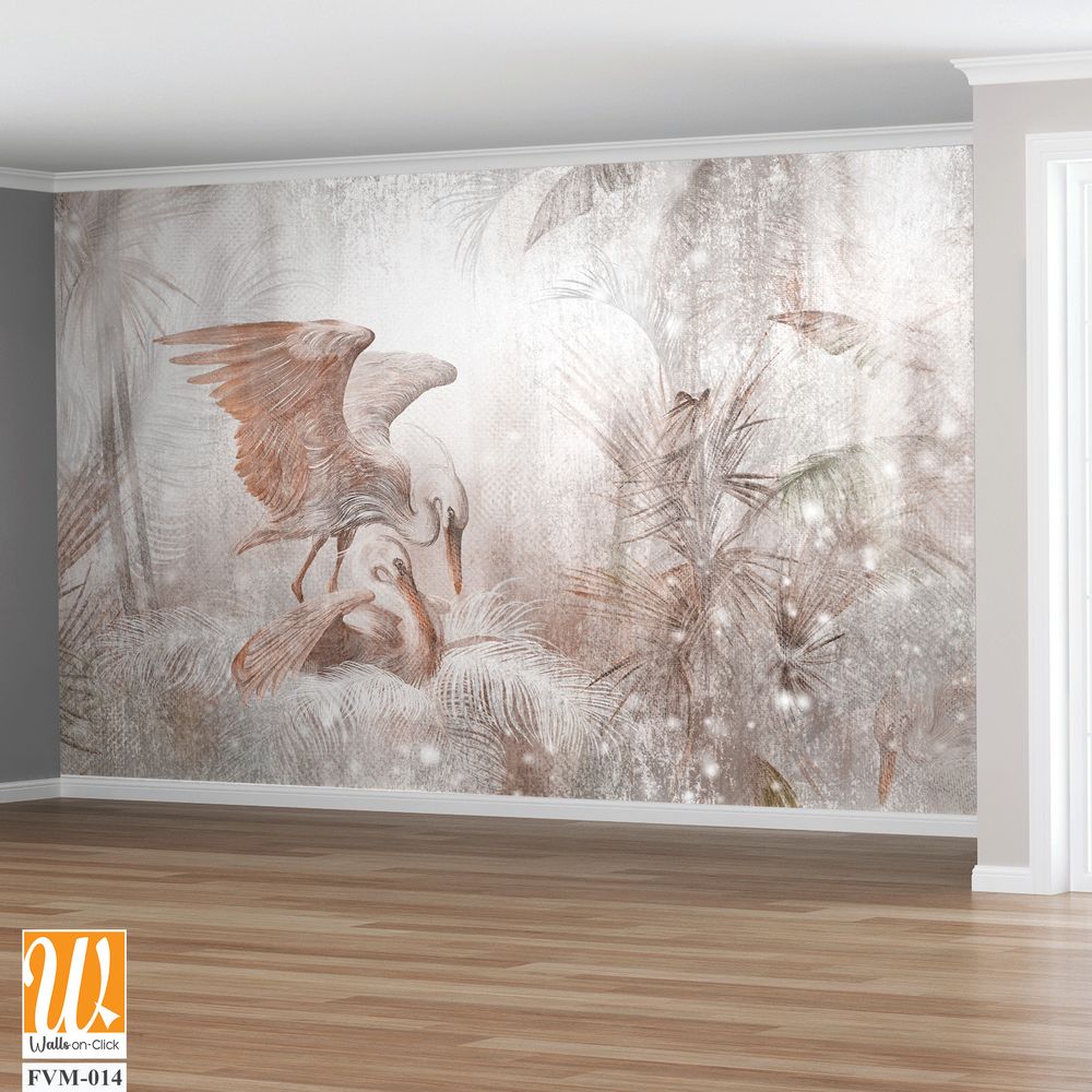 Art drawn delicate birds in a nest in the leaves in light gentle colors photo wallpaper in the interior [WP-FVM-014]