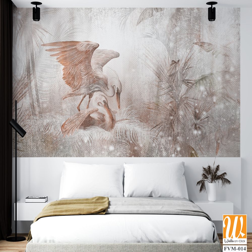 Art drawn delicate birds in a nest in the leaves in light gentle colors photo wallpaper in the interior [WP-FVM-014]