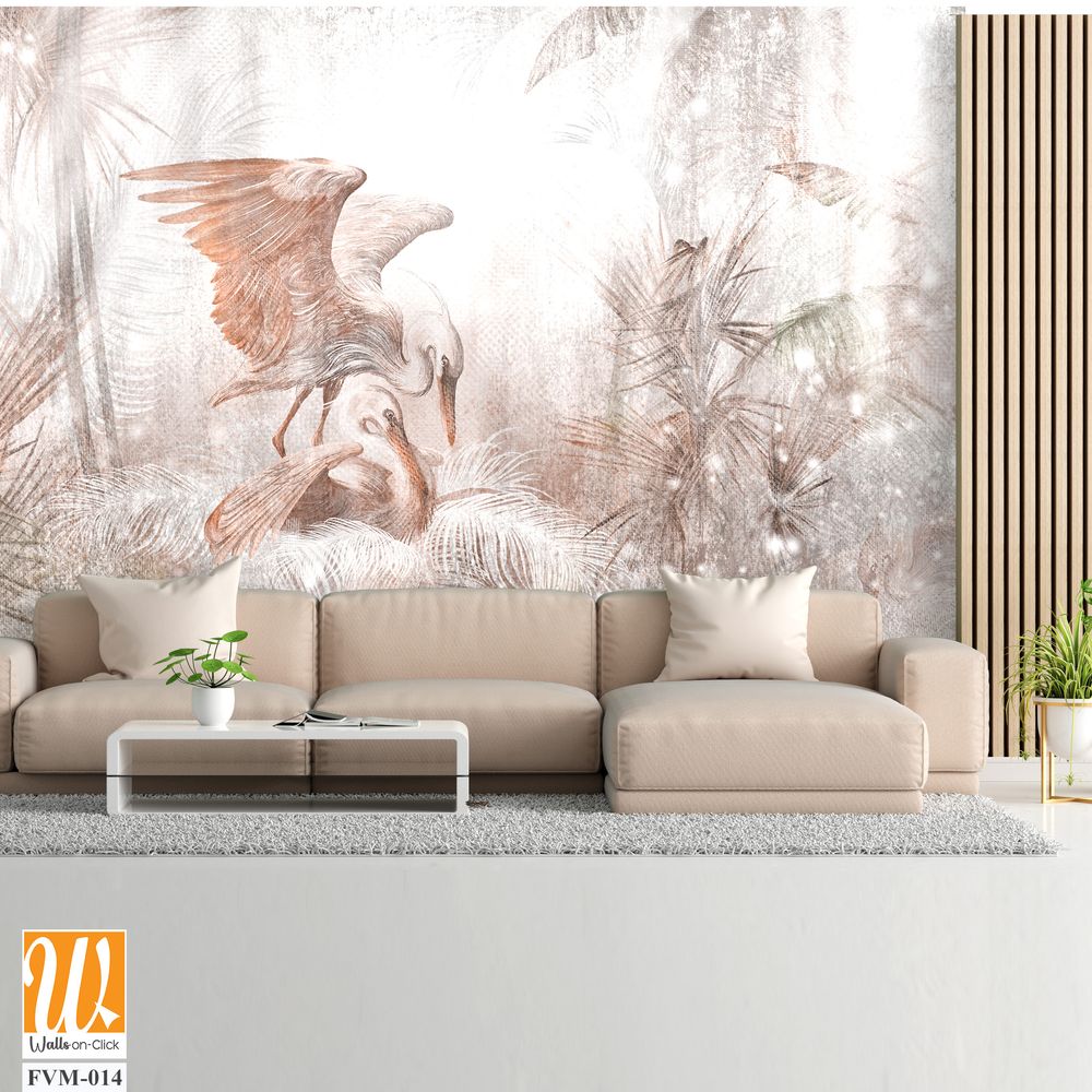 Art drawn delicate birds in a nest in the leaves in light gentle colors photo wallpaper in the interior [WP-FVM-014]