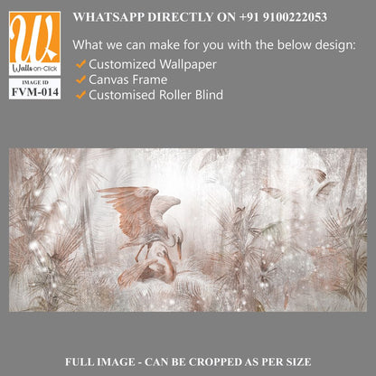 Art drawn delicate birds in a nest in the leaves in light gentle colors photo wallpaper in the interior [WP-FVM-014]