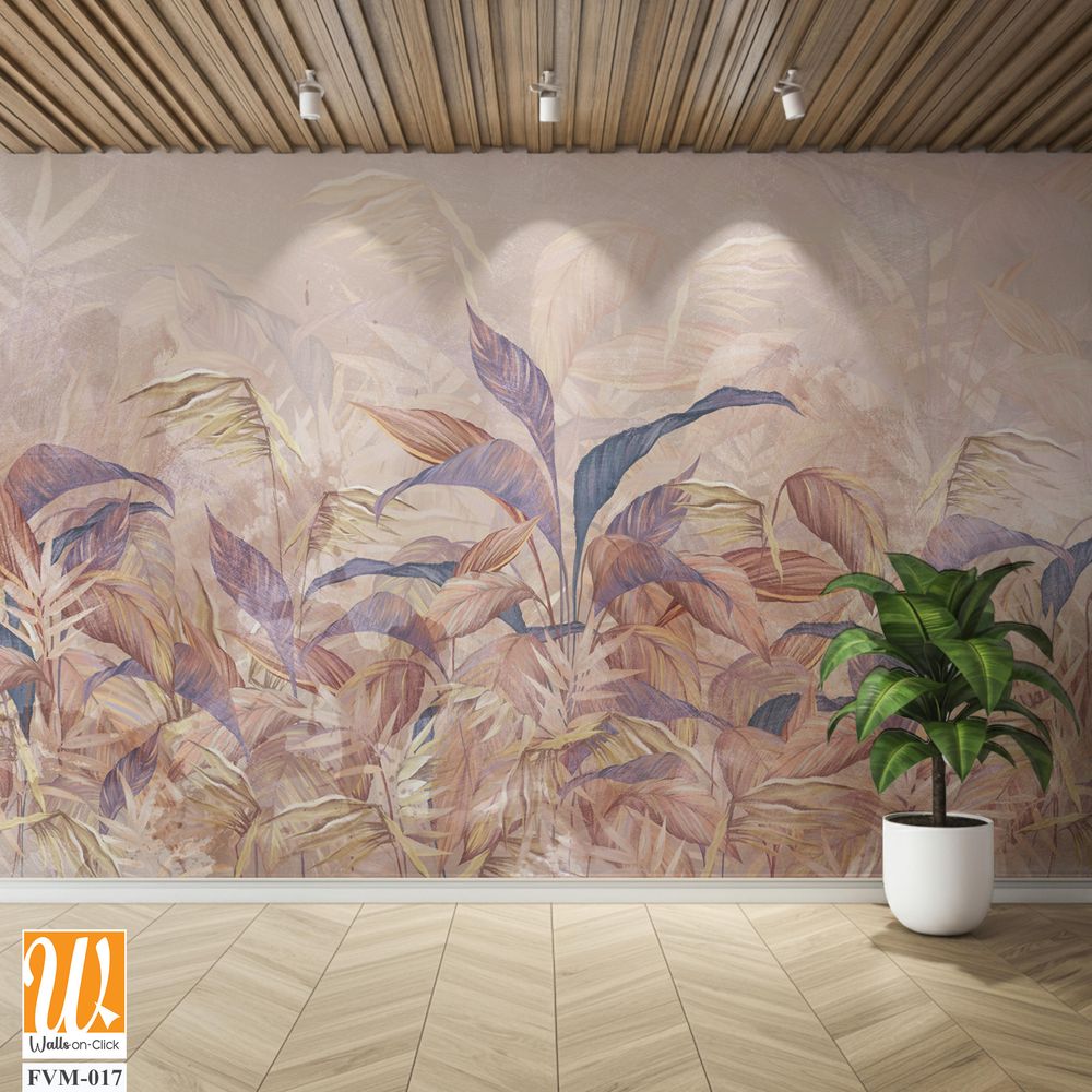 Tropical leaves on a light beige background with textural backgrounds, photo wallpaper in the interior [WP-FVM-017]