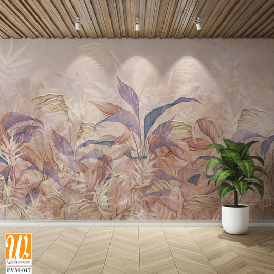 Tropical leaves on a light beige background with textural backgrounds, photo wallpaper in the interior [WP-FVM-017]