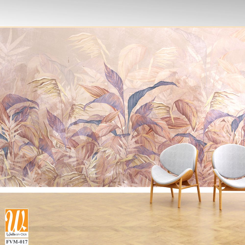 Tropical leaves on a light beige background with textural backgrounds, photo wallpaper in the interior [WP-FVM-017]