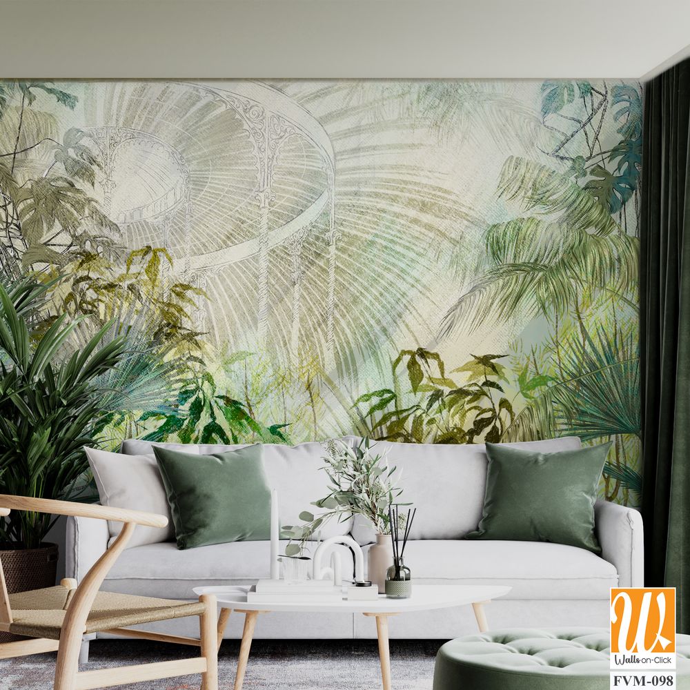 Greenhouse with tropical plants art drawing in pastel style with texture watercolor background photo wallpaper [WP-FVM-098]