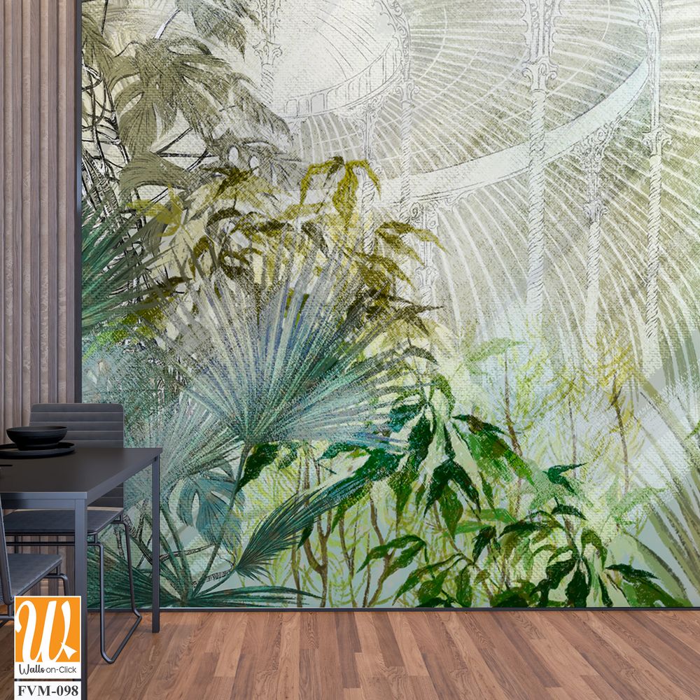 Greenhouse with tropical plants art drawing in pastel style with texture watercolor background photo wallpaper [WP-FVM-098]