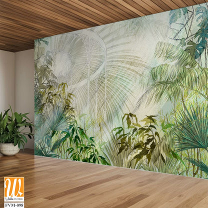 Greenhouse with tropical plants art drawing in pastel style with texture watercolor background photo wallpaper [WP-FVM-098]