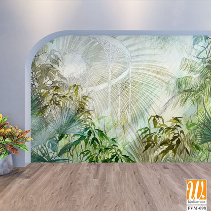 Greenhouse with tropical plants art drawing in pastel style with texture watercolor background photo wallpaper [WP-FVM-098]