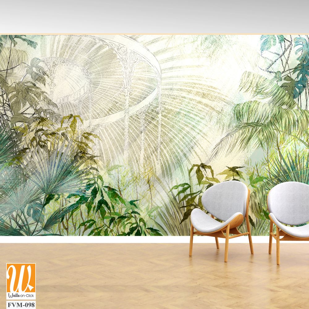 Greenhouse with tropical plants art drawing in pastel style with texture watercolor background photo wallpaper [WP-FVM-098]