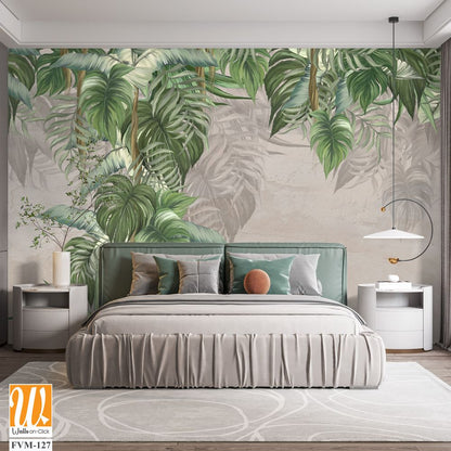 Large drawn art tropical leaves on a textured background with scuffs on the bonnet dark outlines of the leaves photo wallpaper for the interior [WP-FVM-127]