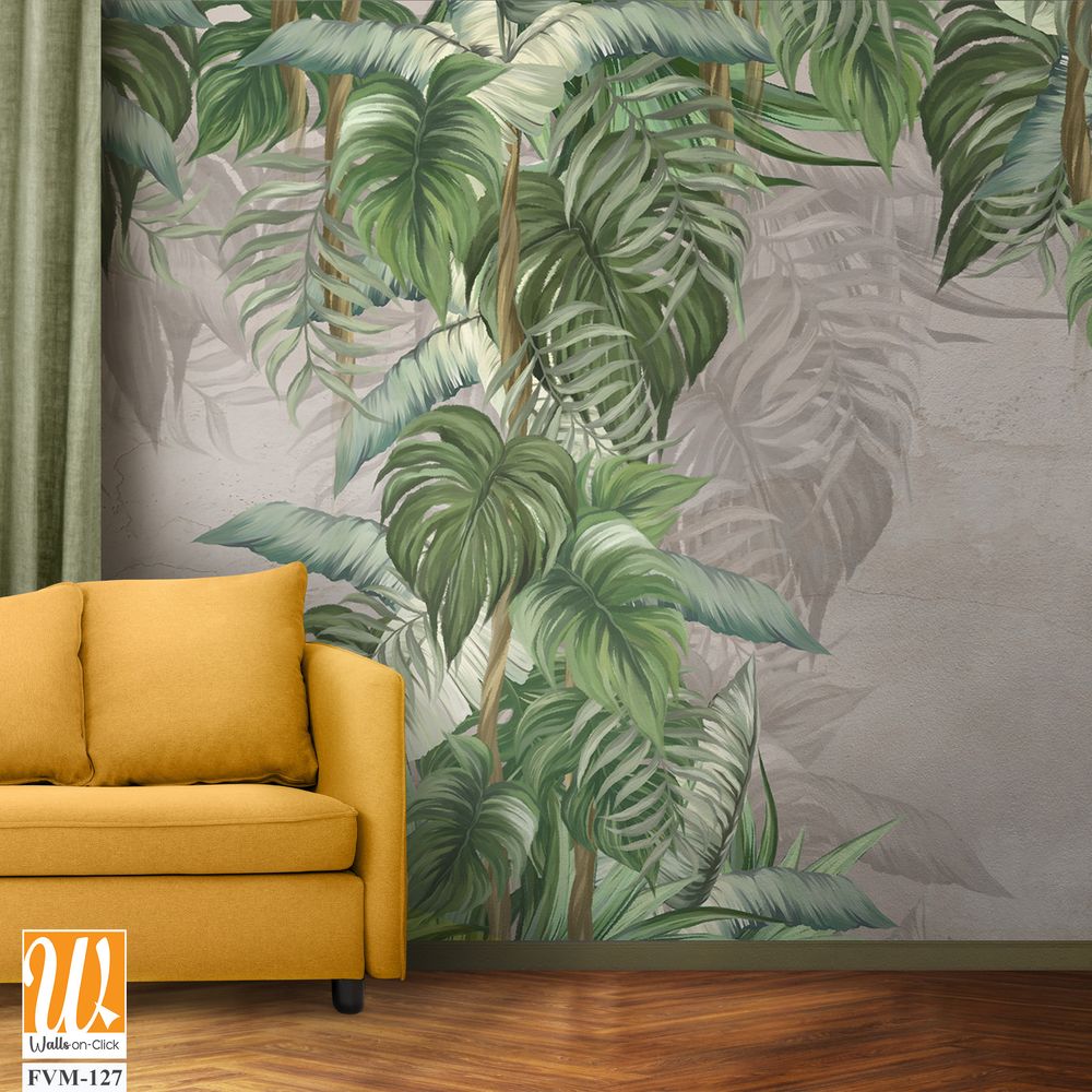 Large drawn art tropical leaves on a textured background with scuffs on the bonnet dark outlines of the leaves photo wallpaper for the interior [WP-FVM-127]