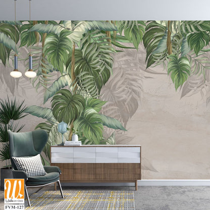 Large drawn art tropical leaves on a textured background with scuffs on the bonnet dark outlines of the leaves photo wallpaper for the interior [WP-FVM-127]