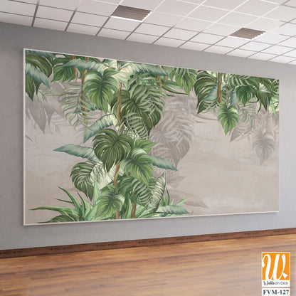 Large drawn art tropical leaves on a textured background with scuffs on the bonnet dark outlines of the leaves photo wallpaper for the interior [WP-FVM-127]