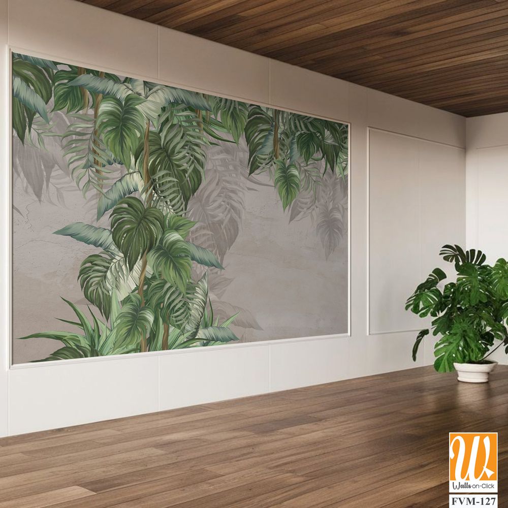 Large drawn art tropical leaves on a textured background with scuffs on the bonnet dark outlines of the leaves photo wallpaper for the interior [WP-FVM-127]