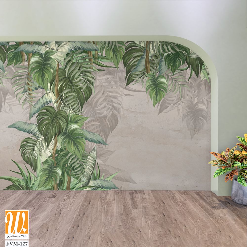 Large drawn art tropical leaves on a textured background with scuffs on the bonnet dark outlines of the leaves photo wallpaper for the interior [WP-FVM-127]