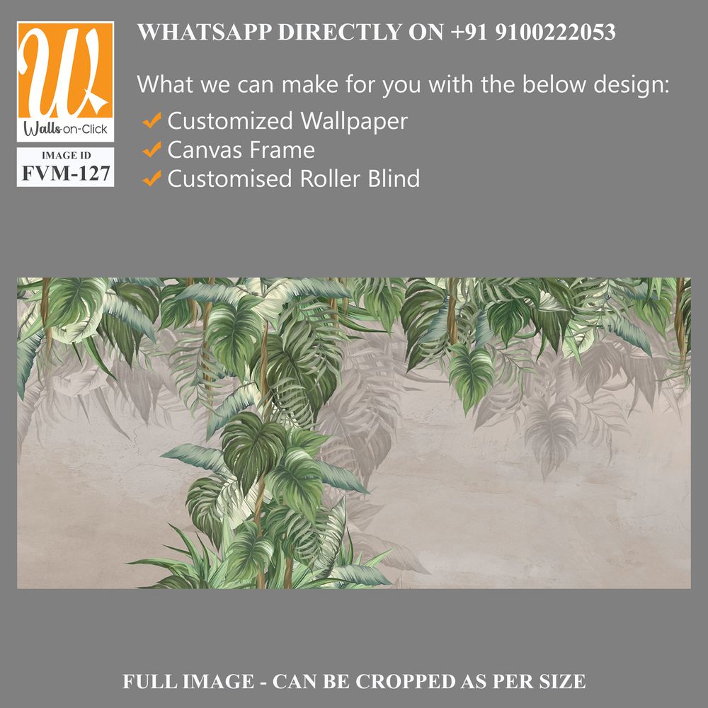 Large drawn art tropical leaves on a textured background with scuffs on the bonnet dark outlines of the leaves photo wallpaper for the interior [WP-FVM-127]