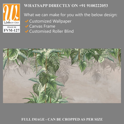 Large drawn art tropical leaves on a textured background with scuffs on the bonnet dark outlines of the leaves photo wallpaper for the interior [WP-FVM-127]