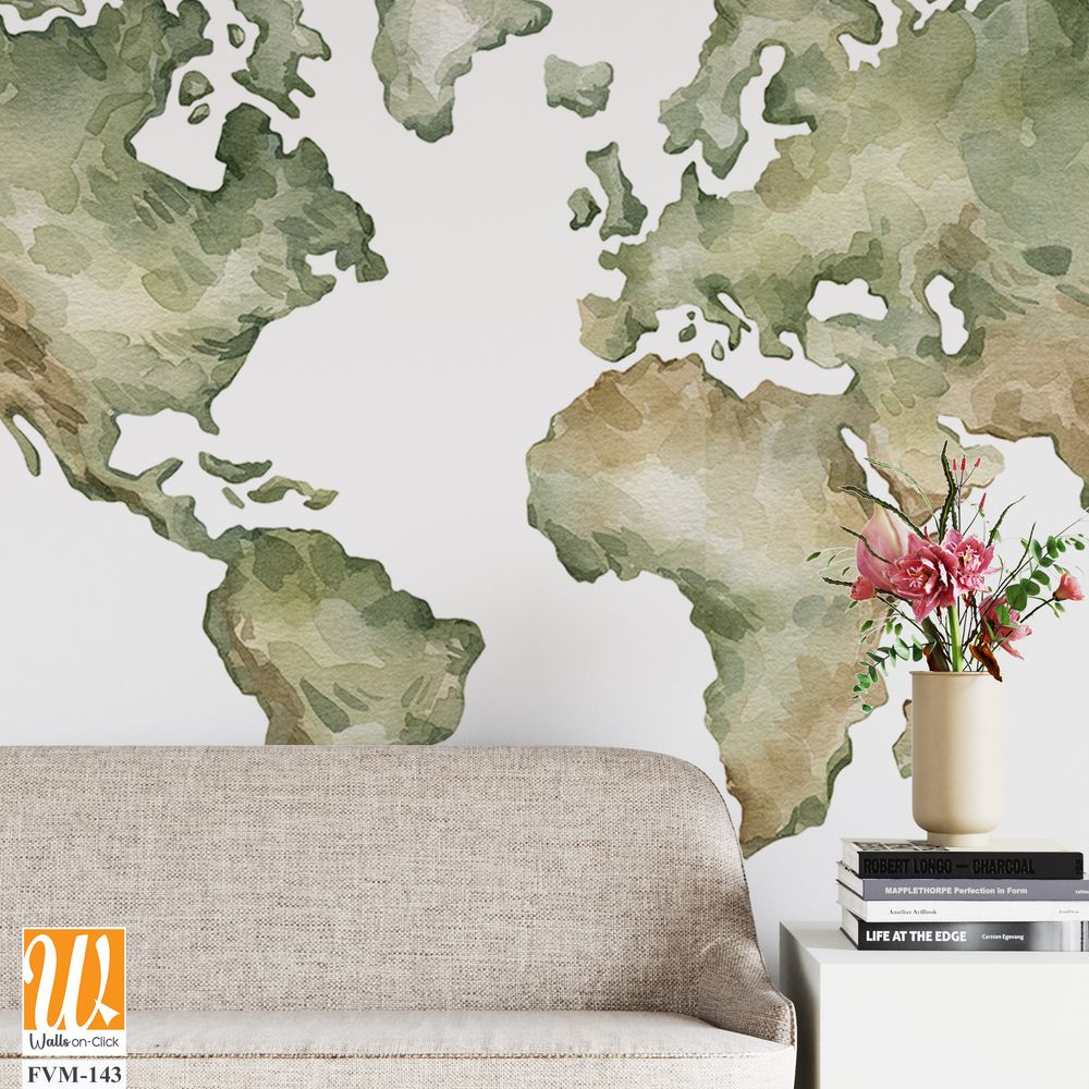 Watercolor world map, with soft green tones [WP-FVM-143]