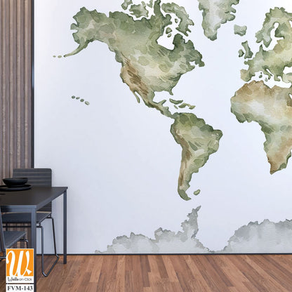 Watercolor world map, with soft green tones [WP-FVM-143]