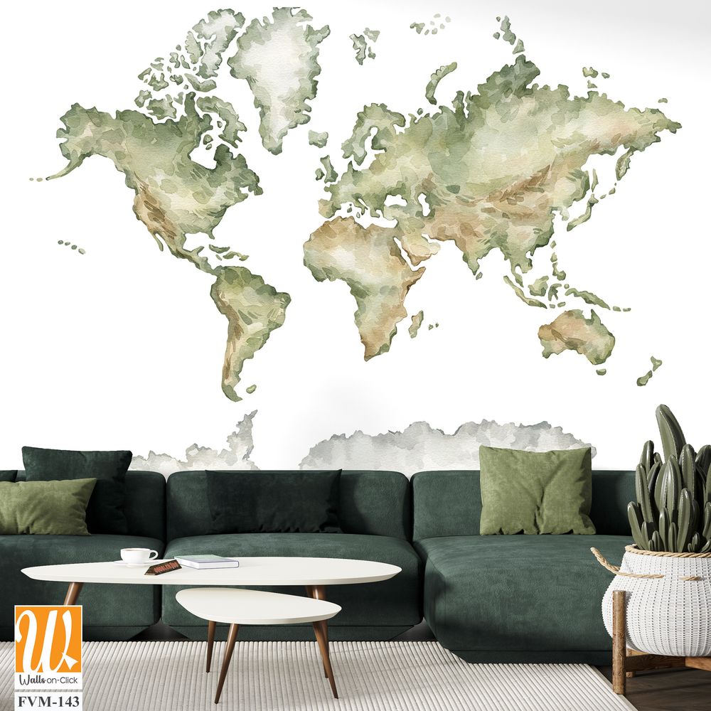 Watercolor world map, with soft green tones [WP-FVM-143]