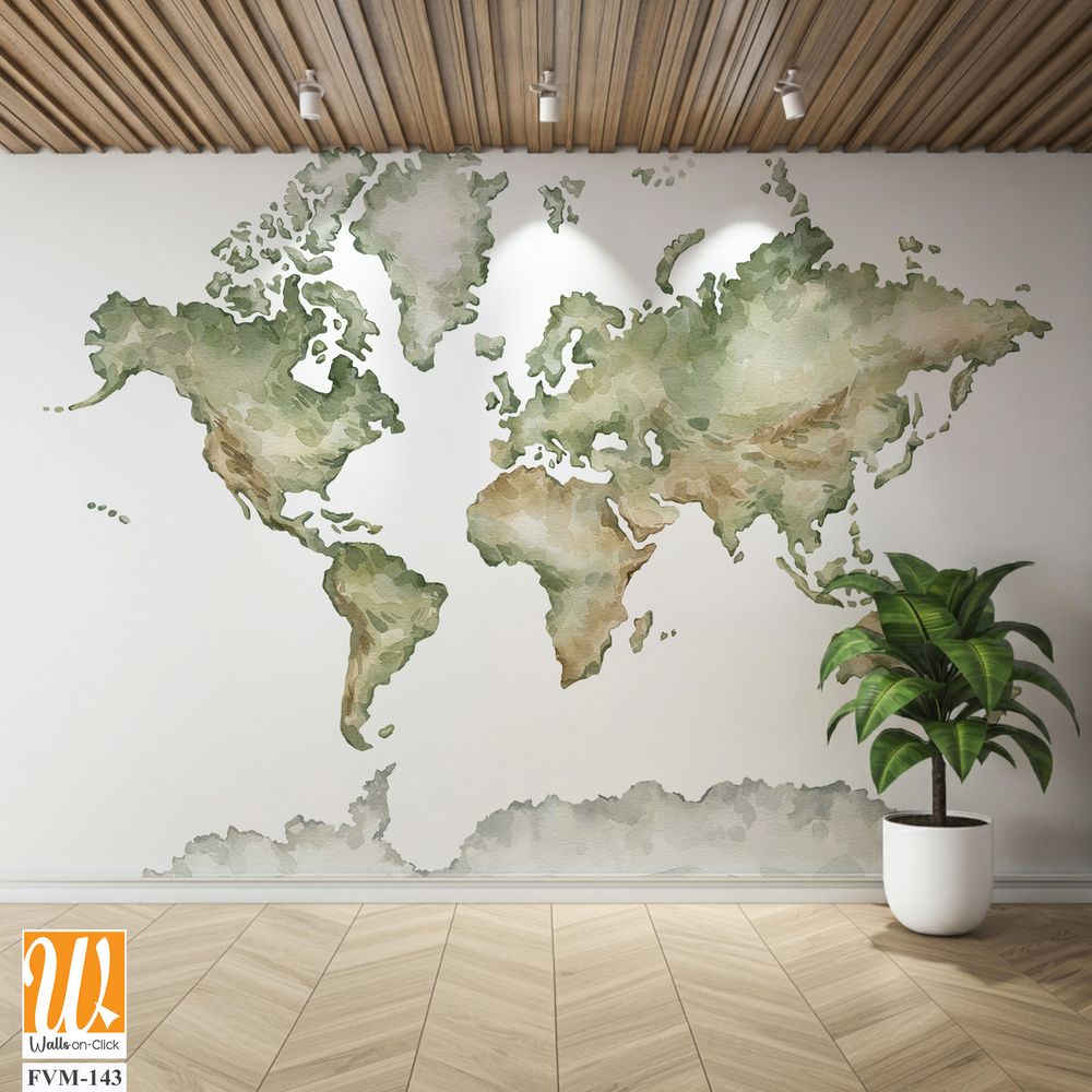 Watercolor world map, with soft green tones [WP-FVM-143]