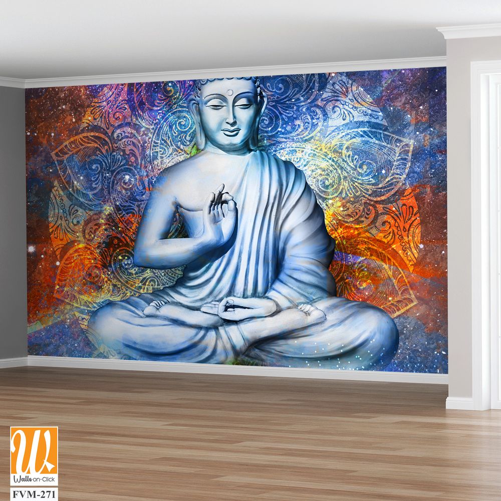 Buddha in lotus pose, vibrant mandala background [WP-FVM-271]