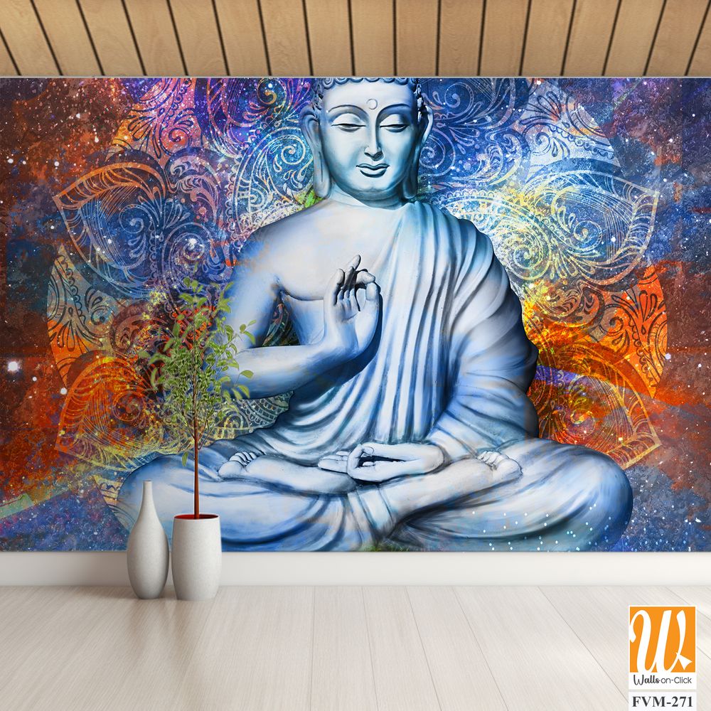 Buddha in lotus pose, vibrant mandala background [WP-FVM-271]