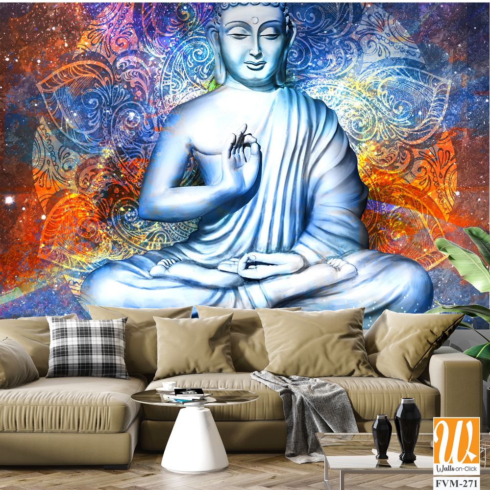 Buddha in lotus pose, vibrant mandala background [WP-FVM-271]