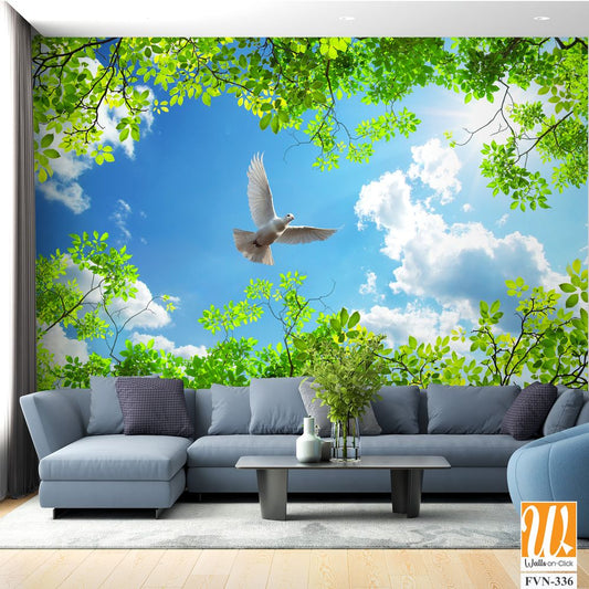 3D wallpaper of a white dove flying in the blue sky [WP-FVN-336]