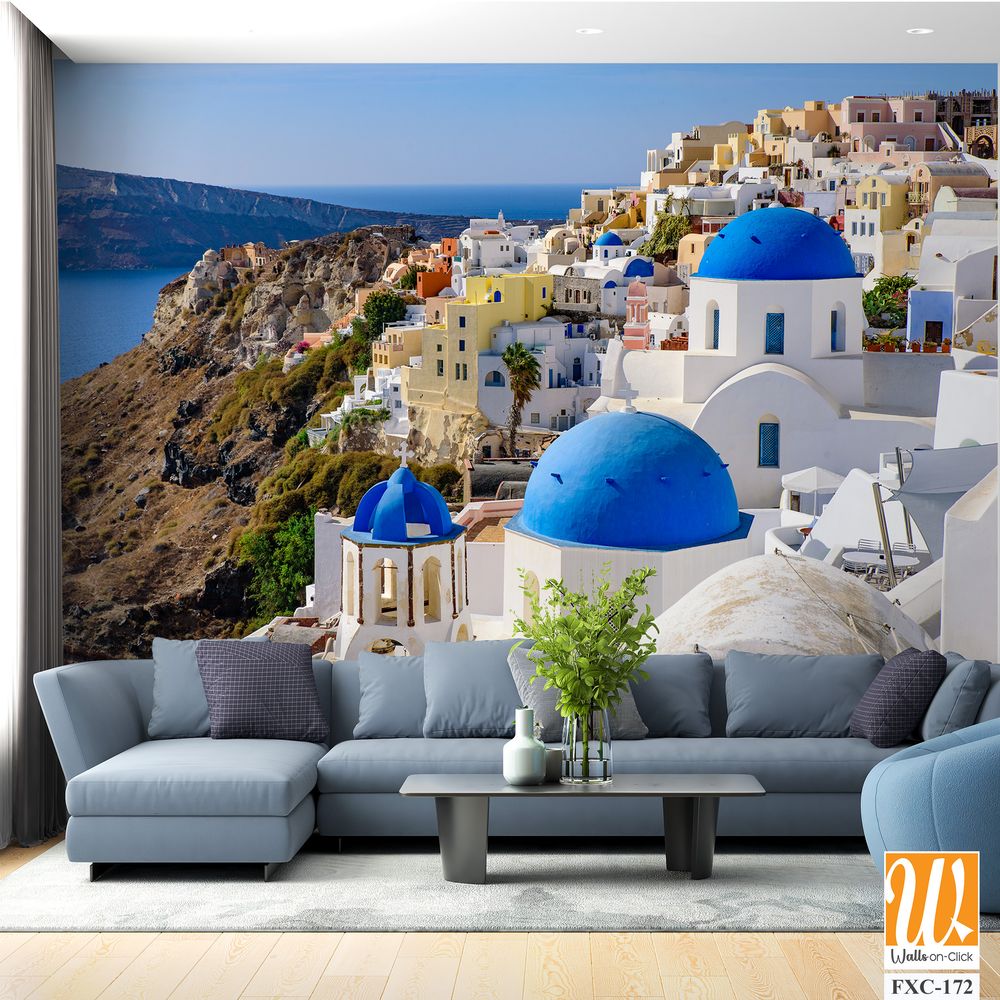 Santorini, Greece, featuring white buildings and blue domes Wallpaper [WP-FXC-172]